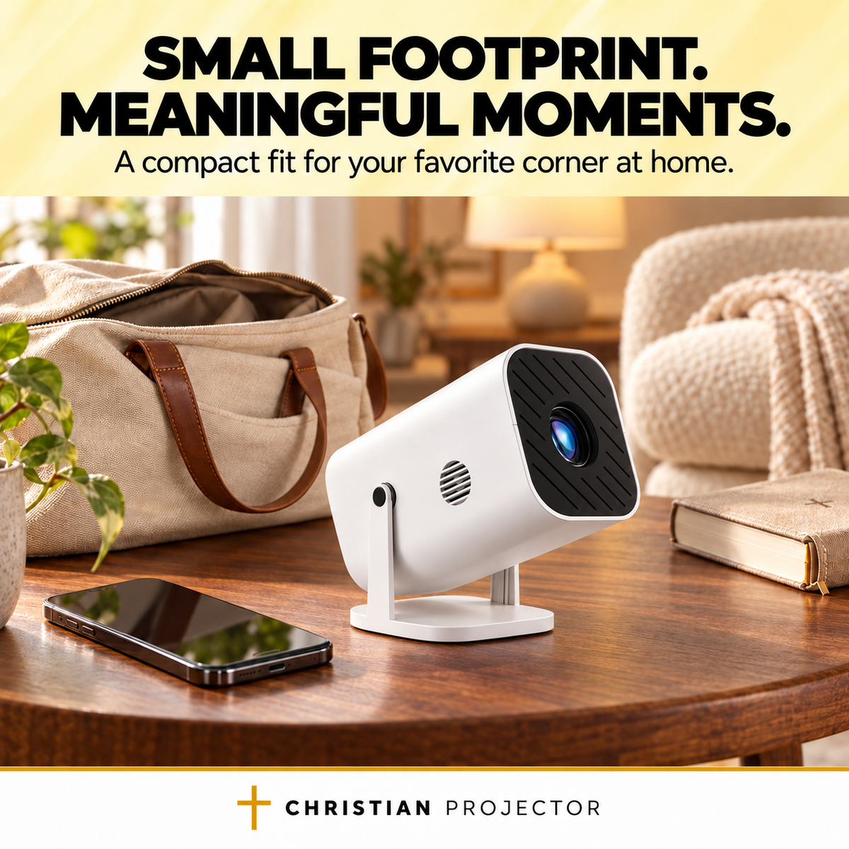 Compact projector on a wooden table