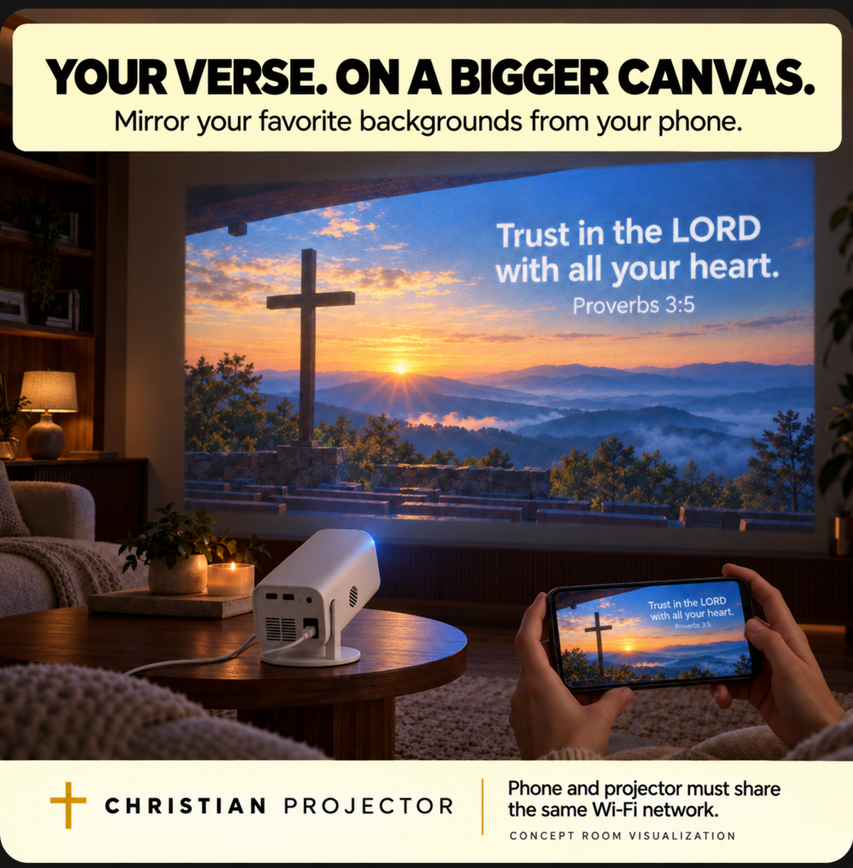 Christian Scripture projected onto a living room wall